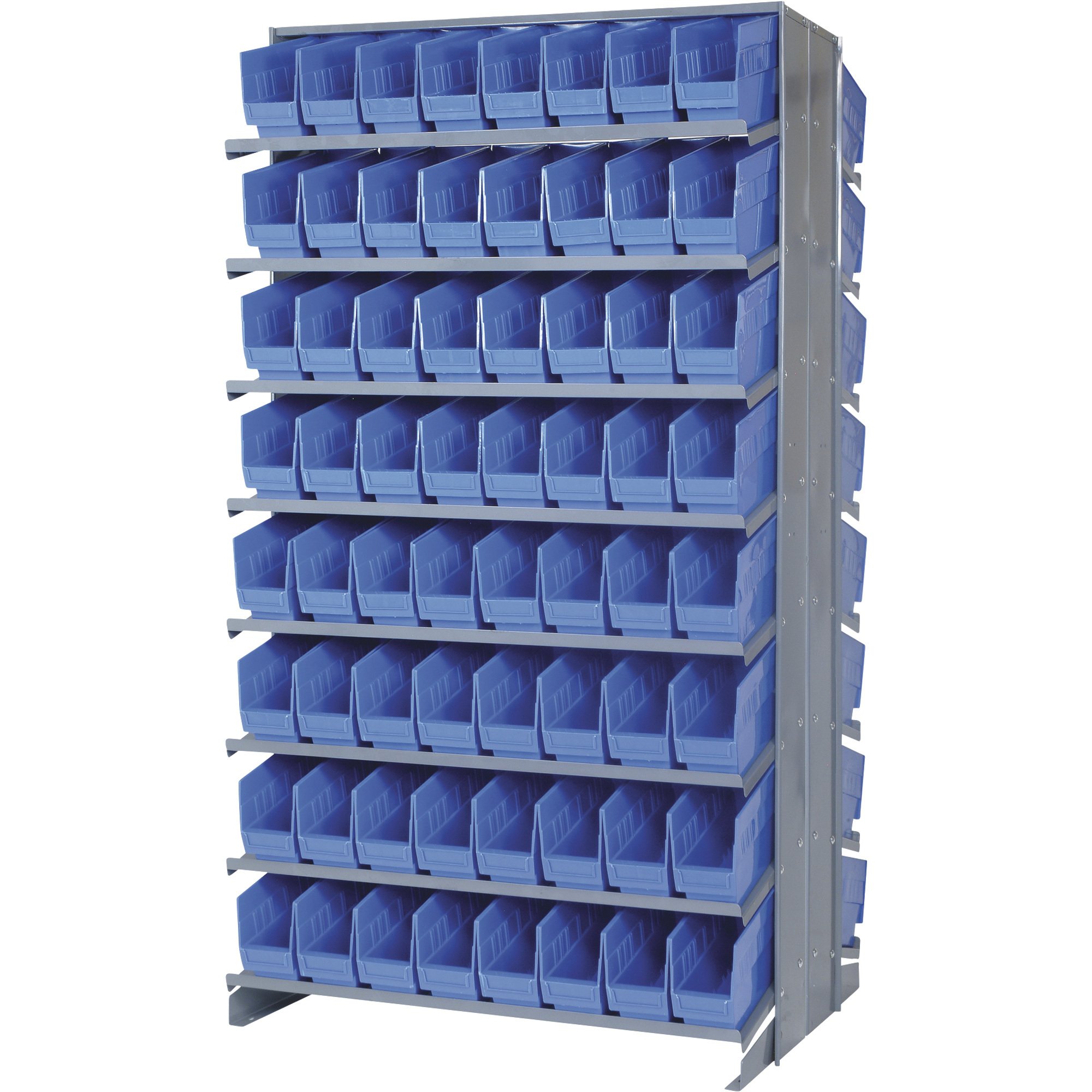 Quantum Double-Sided Store-More Pick Rack Shelf with Bins — 36in.W x 24in.D x 63 1/2in.H, Includes 128 11 5/8in.L x 4 1/8in.W x 6in.H Bins